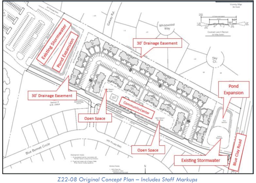 A concept plan for an affordable housing development on Blue Clay Road near New Beginning...