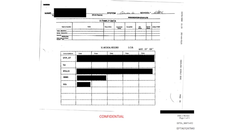 An apparent immunization record for Havelock Middle School was found in the released Epstein...
