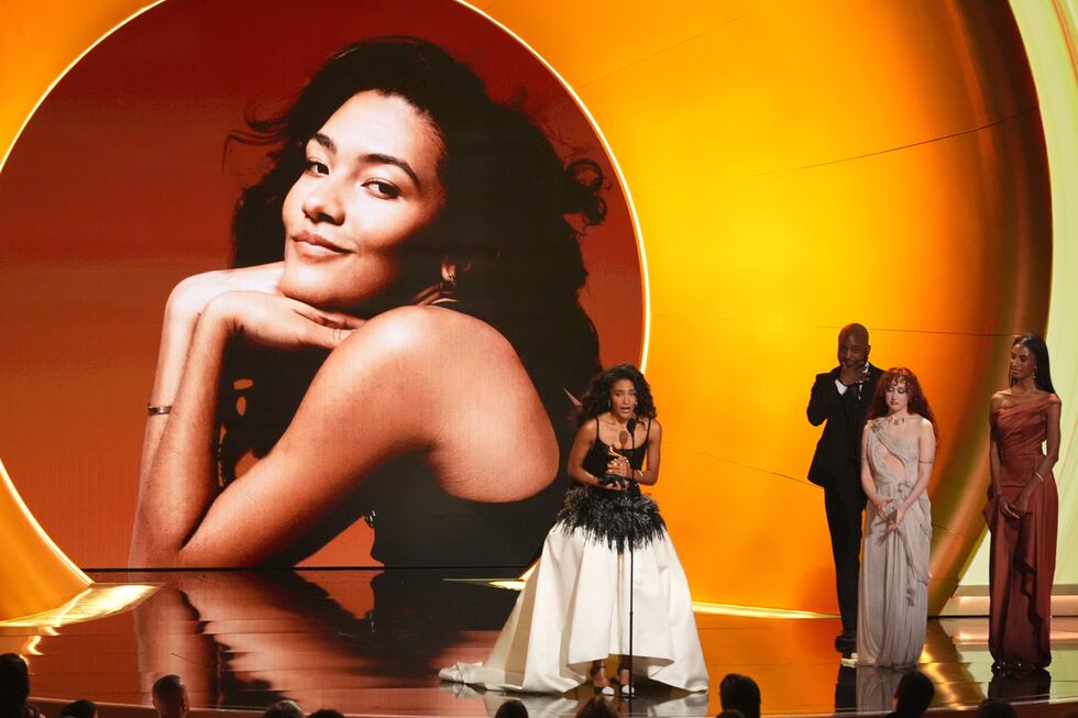 Olivia Dean accepts the award for best new artis during the 68th annual Grammy Awards on...