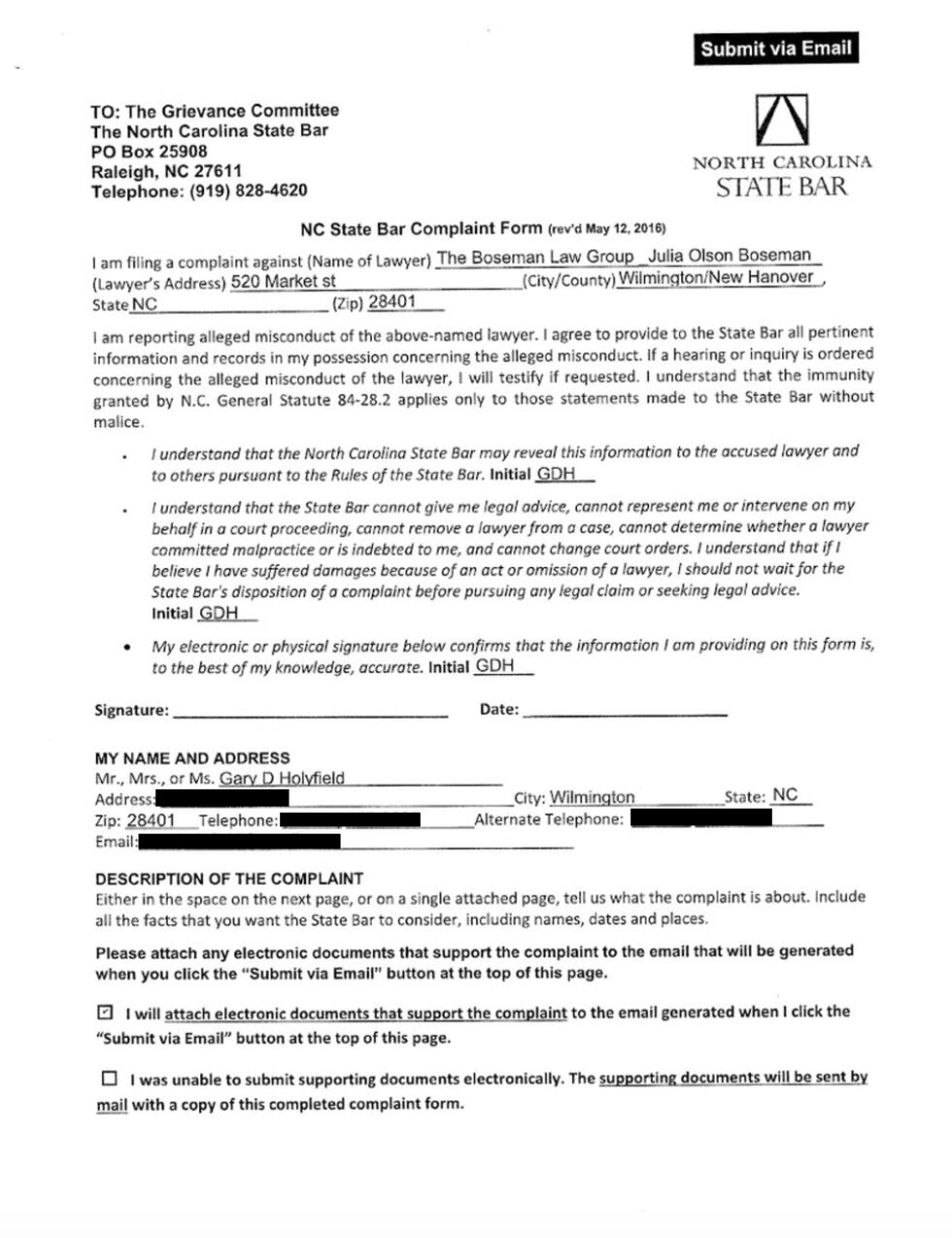 The North Carolina State Bar issued a complaint form against The Boseman Law Group.