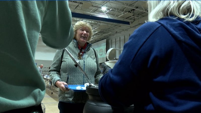 A server dishes up soup at the 2026 Empty Bowls event at First Baptist Church on Independence...