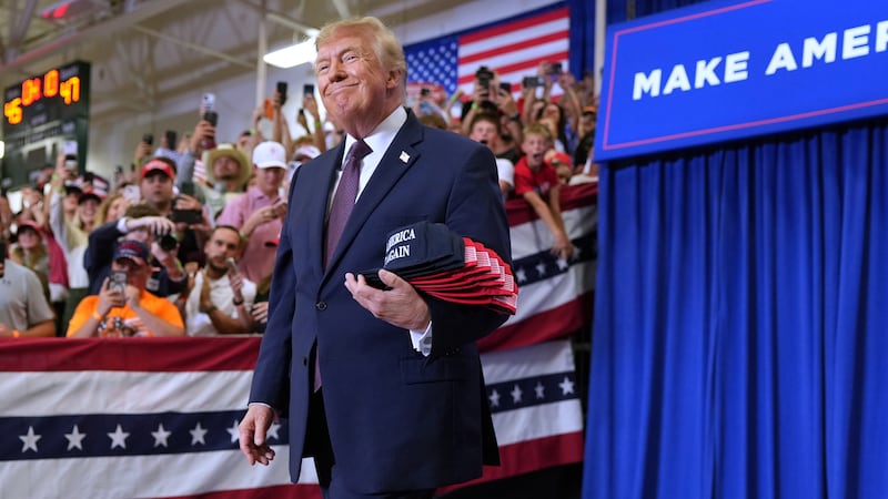 FILE -- President Donald Trump arrives at a campaign rally at the Shoemaker Center at Ohio...